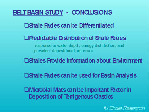 Conclusions of Belt basin study; shale facies can be differentiated, distribution of shale facies is predictable, shale provide information about environment, shale facies can be used for basin analysis, microbial mats can be an imprtant factor